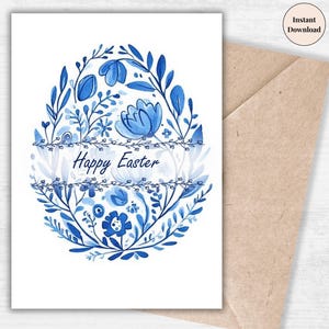 Blue Folk Art Easter Egg Card - Printable Easter Greeting, Digital Spring Card, Scandinavian Easter Stationery, Floral Easter Egg for him