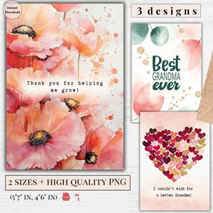 Cartes de voeux pour grands-parents, lot de 3 modèles | Salutations imprimables | Meilleure carte postale grand-mère | Merci et je vous aime | Téléchargement numérique