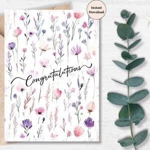 Pastel Flower Congratulations Card – Soft Watercolor Printable for Teachers, Friends, or Personal Win, Event | Printable Card for Her or Him