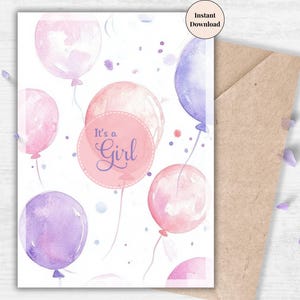It's a Girl Balloon Printable – Watercolor Baby Girl Announcement Card for Baby Showers or Newborn Arrival | Instant Download for New Parent
