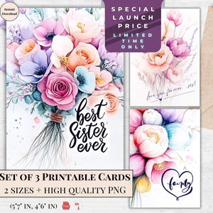 Juego de tarjetas imprimibles "La mejor hermana del mundo": rosas de acuarela y saludo floral: Sister by Blood Friend by Heartt / Diseño artístico floral para Sis