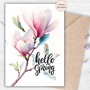 Hello Spring Magnolia Card – Minimalist Watercolor Spring Printable with Elegant Floral Branch for Mom, Friend or Yourself | Welcome Spring