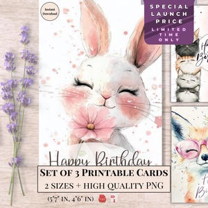 Carte d'anniversaire lapin aquarelle | Carte de voeux imprimable mignonne | électronique Joyeux anniversaire | Téléchargement numérique instantané | Cadeau bricolage pour enfants et adultes
