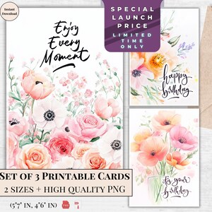 Druckbare Geburtstagskarten - Genieße jeden Moment - Digitale Blumenkarte für Sie, Mama, Freunde, Ehefrau, Tante, Schwester, Geliebte