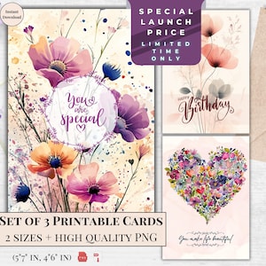 Cartão de aniversário de flores Cartão de felicitações para impressão | Feliz aniversário Coração para ela | Download digital | Ecard Aniversário | Download instantâneo Ecard