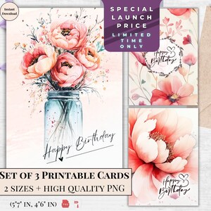 Rote Pfingstrosen Geburtstagskarte - Druckbare alles Gute zum Geburtstag E-Karte mit minimalistischem Blumenmuster | Sofort Download für Sie | Blumenstrauß-Karte