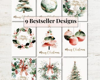 Watercolor Christmas Cards Set: 9 bestseller designs for 2025 Holidays Decor (Digital Download)