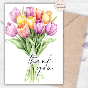 Tulip Bouquet Printable Thank You Card – Watercolor Pastel Floral Note for Moms, Friends, Family, Teachers | Special Moments Celebration