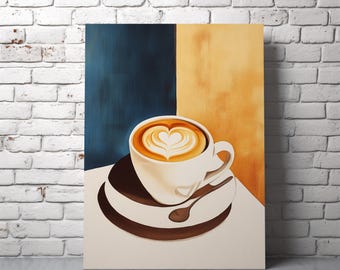 May include: A painting of a cup of coffee with latte art in the shape of a heart. The white cup sits on a dark brown saucer with a matching spoon. The background is divided into blue and tan sections.