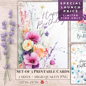 Cartões de aniversário florais imprimíveis | Cartão eletrônico de feliz aniversário em aquarela | Cartão de felicitações para download digital | Cartão postal de aniversário faça você mesmo | Presente instantâneo