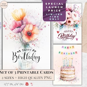 Cartão para impressão com flores em aquarela pastel e bolo de aniversário - Saudação elegante para celebrações especiais, download instantâneo | Cartão para impressão