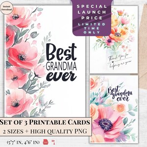 El mejor juego de tarjetas imprimibles para abuelas: tarjetas de felicitación digitales florales, un regalo especial para la abuela, descarga instantánea / Gracias por mi crecimiento
