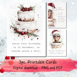 Verjaardagskaarten december, set van 3 stuks | Grappige kerstverjaardag | Moderne aquarelillustraties | Feestelijke wenskaart | Directe download