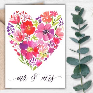 Mr & Mrs Wedding Card - Romantic Floral Heart Printable, Elegant Newlywed Gift, Digital Marriage Keepsake, Instant Download for Bride Groom