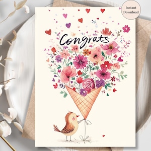 Printable Congrats Ice Cream Cone Card – Whimsical Floral Card with Bird, Ideal for Friendships and Lighthearted Occasion | Congrats to Her