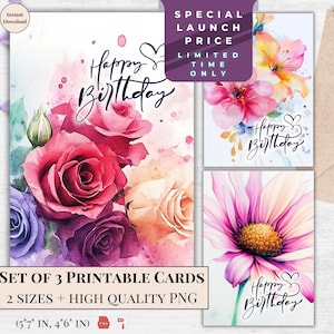 Conjunto de cartões de aniversário florais românticos - saudação em aquarela com rosas e margaridas do arco-íris - presente para impressão | Impressão de arte floral | Aniversário acessível para ela