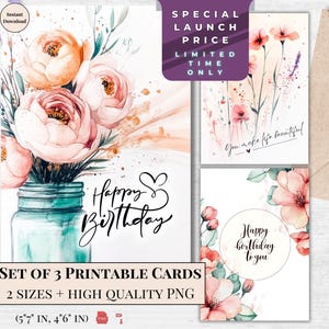 Conjunto de cartões de aniversário florais | Cartões de feliz aniversário imprimíveis para ela, design de flores silvestres em tons pastel, download instantâneo, presente exclusivo | Cartão eletrônico de aniversário