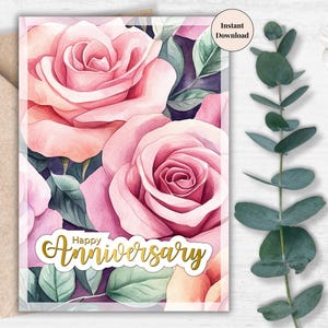 Carte d'anniversaire rose rose à imprimer – élégante carte de fleurs aquarelle pour elle, lui, femme, petite amie ou fête d'étape romantique