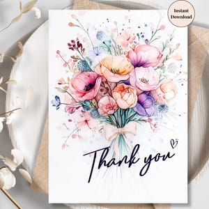Carte de remerciement jardin fard à joues - élégant bouquet de fleurs à imprimer pour demoiselles d'honneur, maman, cadeaux d'anniversaire ou commandes en boutique | Cadeau mignon pour elle