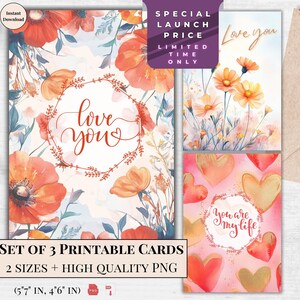 Aquarell druckbare Valentinstag Grußkarten Bundle von 3 Designs | Rote Mohnblumen Liebe Ecard | Digitaler Download | Elegantes Modernes Design