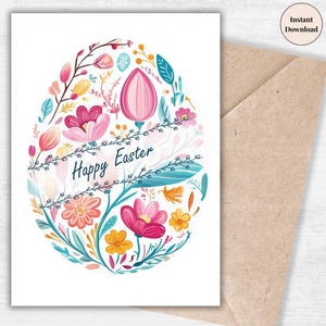 Modern Floral Easter Egg Card - Minimalist Watercolor Spring Greeting, Digital Easter Art, Printable Holiday, Instant Download Easter Print