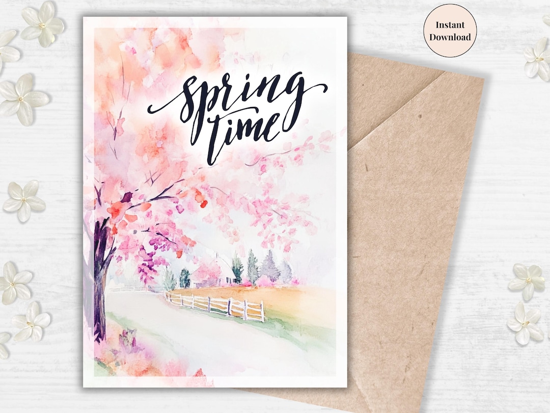 Springtime Card Springtime Cherry Blossom Card - Digital Floral Greeting, Printable ...