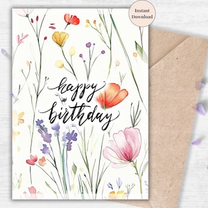 Botanical Wildflower Birthday Card – Elegant Printable with Meadow Blooms, Minimal Digital Birthday Card for Nature Lover and Her, Mom, Wife