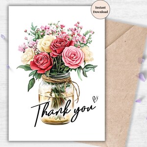 Rustieke bloemenbedankkaart in pot – Country Mason Jar afdrukbare notitie voor boerenmarktverkoper, gastheer of handgemaakte cadeaus | Voor familie, vriend(in)