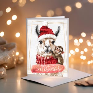 Cartão de aquarela de Natal Macaco Lhama | Saudação divertida de feriado animal | PDF PNG para impressão em aquarela | Cartão eletrônico de saudação de feriado | Natal festivo