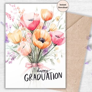 Happy Graduation Tulip Card – Soft Watercolor Printable for Female Graduates, Teachers or Academic Milestones | Congrats to Girlfriend, Her