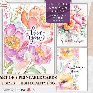 Juego de tarjetas románticas "Te amo": tarjetas de felicitación de acuarela imprimibles para aniversarios, San Valentín y momentos especiales. Descarga instantánea para ella.