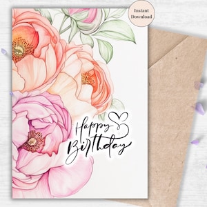 Vintage Pink Peony Birthday Card – Romantic Watercolor Printable for Wive, Grandma, Mom or Daughter, Elegant Women Who Love Classic Florals