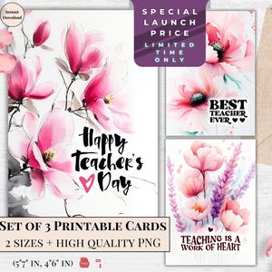 Élégantes cartes florales imprimables pour professeur - Bonne fête des professeurs, meilleur professeur de tous les temps, enseigner est une oeuvre de coeur - Ensemble de voeux à l'aquarelle douce