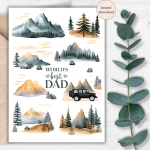Biglietto d'avventura per papà migliore al mondo: natura stampabile per papà amanti dell'aria aperta, tema Jeep e montagna Biglietto digitale per la festa del papà per lui / regalo per papà