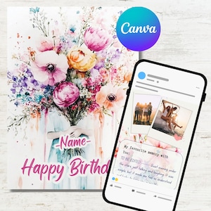 E-Carte d'anniversaire aquarelle personnalisable | Carte de voeux florale modifiable Canva avec photos | Carte Fleurs Aquarelle