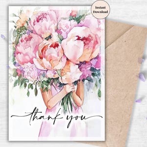 Peony Bouquet Thank You Card | Romantic Watercolor Printable for Family or Friends, Weddings, Guests & Clients | Perfect for Personal Notes
