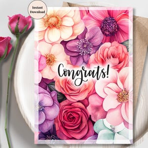 Pink and Burgundy Floral Congratulations Card – Bold Watercolor Printable for Graduation, Promotions, or Business Wins | Congrats to Her