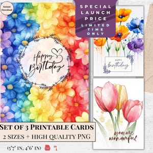 Cartão de Aniversário Arco-Íris - Cartão de Feliz Aniversário para Ela para Imprimir, Download Digital com Design de Tulipas e Papoulas Vermelhas | Download Instantâneo | Ecard