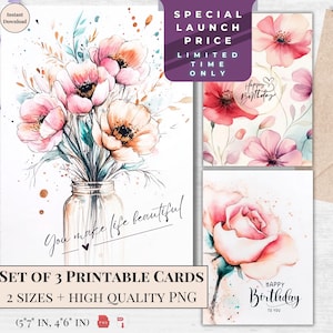 Floral Birthday Card Set | Printable Happy Birthday Cards for Her, Cute Watercolor Red Poppies, Peonies  & Rose E-card Instant Download