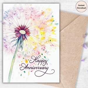 Tarjeta de aniversario con un estallido de diente de león en acuarela: toques de color únicos e imprimibles para tu pareja, cónyuge y ser querido. Impresionante tarjeta para ella.