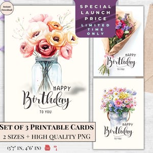 Cartão de Feliz Aniversário - Buquê Floral para Imprimir Ilustrado, Download Instantâneo para Ela e Amantes da Natureza, Ideia de Presente Impressionante | Presente para Imprimir em Casa