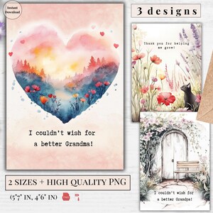 Cartões de felicitações para avós imprimíveis em aquarela Pacote com 3 designs | Melhor cartão eletrônico de avó e avô | Obrigado e amo você | Download digital