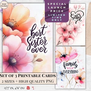 Set di biglietti floreali per la migliore sorella di sempre / Tutto per la famiglia / Biglietti di auguri stampabili / Download digitale Regalo premuroso per la sorella / Fiori pastello