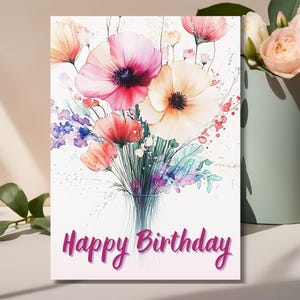 Elegante cartão eletrônico de aniversário floral em aquarela: saudação digital para impressão para download instantâneo | Cartão eletrônico para download instantâneo