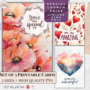 Aquarel afdrukbare rode Valentijn wenskaarten Set van 3 ontwerpen | Ik hou van je-e-card | Digitale download | E-card hart elegant modern ontwerp