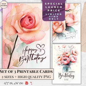 Cartão de Feliz Aniversário em Pastel Suave - Cartão eletrônico floral para impressão, download instantâneo para ela | Design de buquê de flores de rosas e peônias | Padrão floral