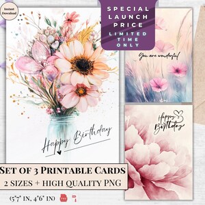 Happy Birthday Card - afdrukbare minimalistische bloemen e-card, wilde bloemenweide, instant download voor haar, bloemboeketontwerp | Natuurliefhebber