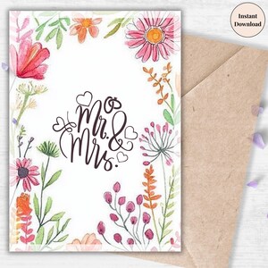 Mr & Mrs Floral Hochzeitskarte - elegantes Aquarell botanische druckbare, romantische Brautpaar Gruß, weiche Hochzeit Andenken | Braut und Bräutigam
