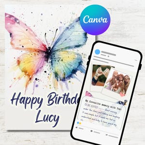 Personalisierte Geburtstag E-Card Aquarell Vorlage für Canva | Bearbeitbare Karte mit persönlichen Notizen und Fotos | Aquarell Schmetterling Design