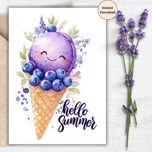 Hello Summer Blueberry Ice Cream Printable Card – Cute Watercolor Cone Greeting, Whimsical Summer Art for Kids and Families | Card for Kids